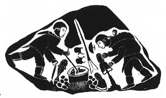 A Man Cooks Fish as His Wife Softens Kamiks